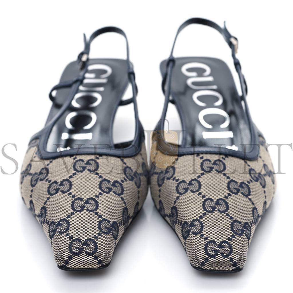 GUCCI GG MONOGRAM MALAGA KID SQUARE G 35MM SLINGBACK PUMPS 38 BEIGE BLUE P00677619